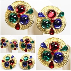 Earrings ~ Gold w/ Colorful Round Cabochons & Teardrop Crystals Clip-on Vintage